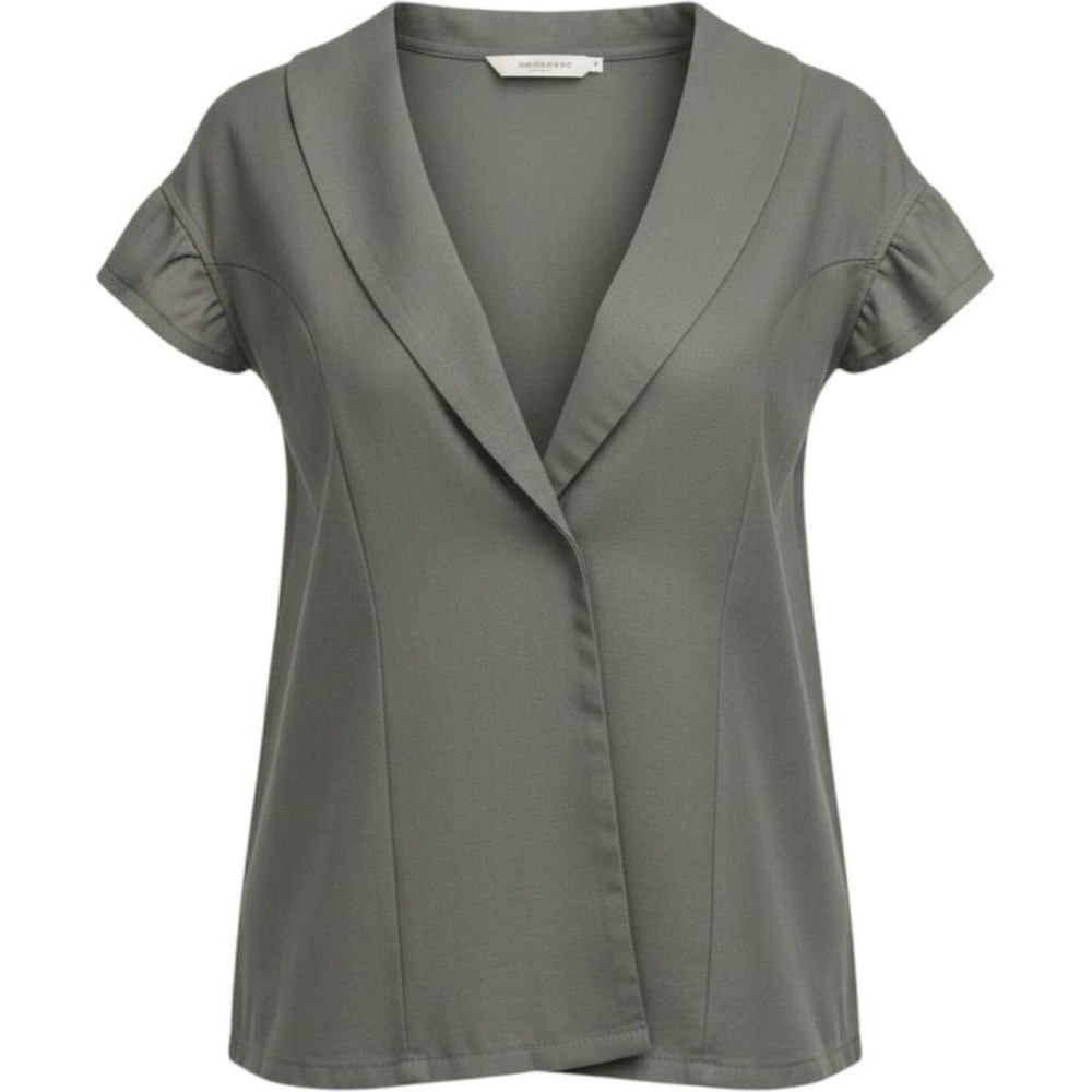 Womens Gray Short Sleeve Shawl Collar Button Front Blouse Ruffle Trim Top